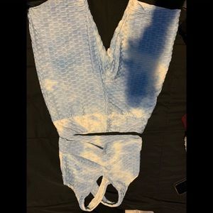 Top and bottom set baby blue and white crop top shirt and biker shorts